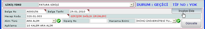 Resim 1.46: Firma yardım ekranı Alım Türü alanında bu faturanın ihale, ara alım ya da diğer alım türlerinden hangisi ile yapılmıģsa açılır liste kutusundan o alım türü seçilir.