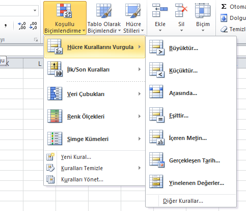 Şekil 37 Hücre Kurallarını Vurgula ile Devam Durumunun ayarlanması Yukarıda verilen tabloya göre Koşullu Biçimlendirme anlatılacaktır.