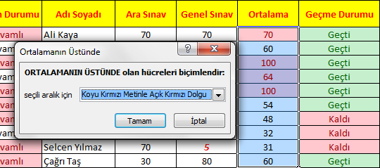 Şekil 41 İlk\Son Kuralları alt seçenekleri Şekil 42 Ortalamanın Üstünde seçeneğinin uygulanması Yukardaki şekilde Ortalamanın bulunduğu notlara Ortalamanın Üstündeki değerler seçeneği uygulanmıştır.