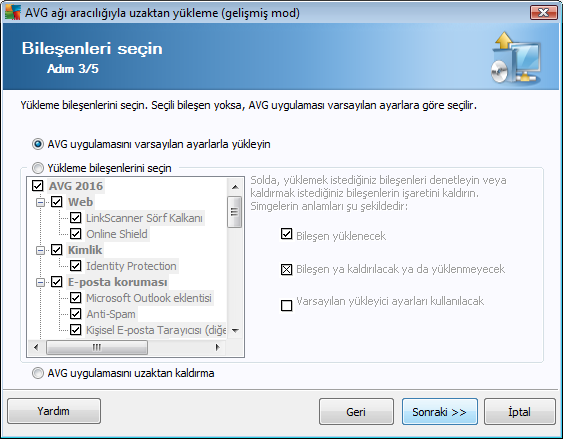 Bu adımda, AVG programını varsayılan ayarlarla yüklemek isteyip istemediğinizi de seçebilirsiniz veya özel bileşenleri seçebilirsiniz.