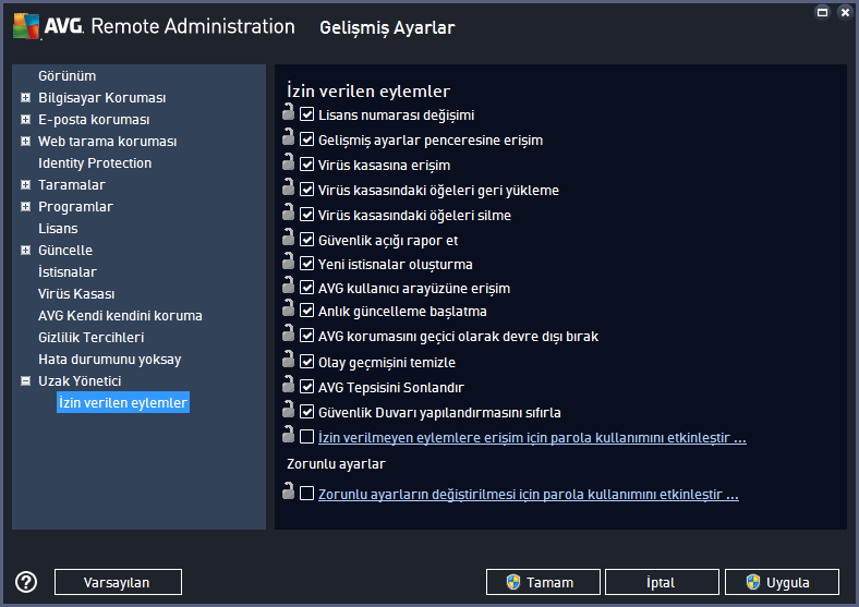 Bu özelliğe, ana menü ağacında Uzaktan Yönetim öğesinden, İzin verilen işlemler şeklinde erişilebilir.