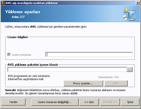 Bu adımda aşağıdaki yükleme parametrelerinin tanımlanması gereklidir: Lisans bilgileri Ad, Şirket ve Lisans numarası (zorunlu değer) gibi lisans verilerini yazın.