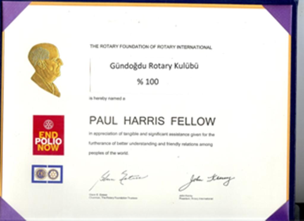 Gündoğdu Rotary Kulübü olarak %100 Paul Harris dostluğumuz devam etmektedir.