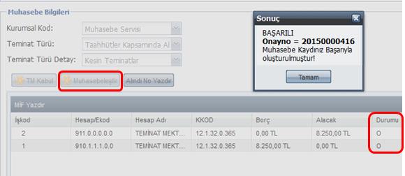 Muhasebe İşlem Fişi onay numarası aldıktan sonra Alındı Yazdır