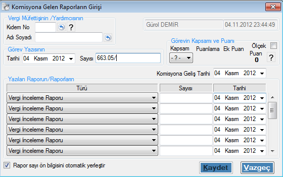 6- Yeni Gelen Raporların Girişi Komisyona gelen raporları girmek için menüden seçim yaptığınızda karşınıza bu ekran gelecektir: Vergi Müfettişinin /Yardımcısının Girilmesi: Sadece "Kıdem No" bilgini