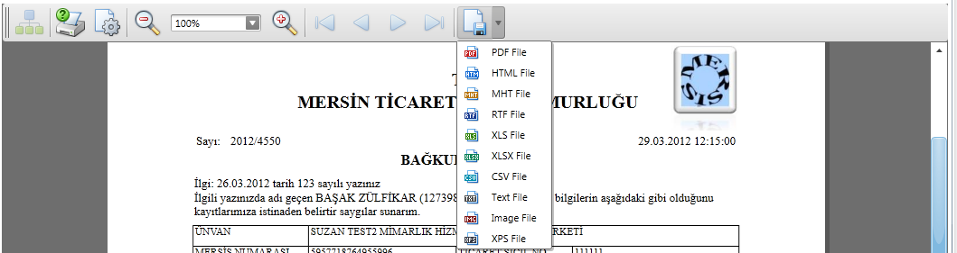 Ayrıca aşağıdaki ekranda görüldüğü gibi oluşturulan bu belge büyütülüp veya küçültülüp incelenir, çıktısını alınabilir veya farklı