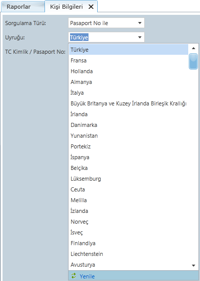 Sorgulama türü TC Kimlik No ile seçilirse uyruk alanı otomatik olarak Türkiye seçili geliyor.