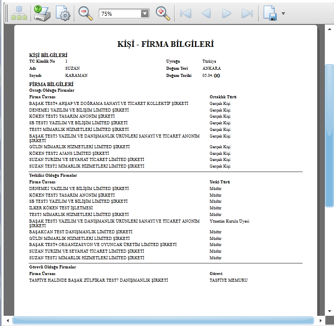 TC kimlik no ya göre sorgulaması yapılan kişinin ilişkili olduğu bütün firmalar ve bu firmalarla ortaklık türü, yetki türü ve görevini gösteren kişi-firma bilgileri ekranı aşağıda gösterilmiştir.
