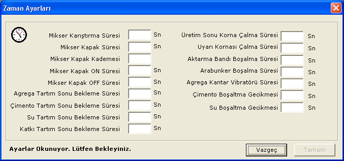 i)zamanlar : * Aktarma Bandı Boşaltma Süresi : AGREGA bandının durmasından sonra aktarma bandının üzerindeki yükün boşalma süresi, yani bandınızın boyuna bağlı olarak ayarlanır.