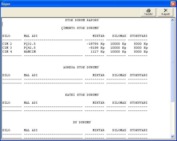 i)stok Durum Raporu : Silo lar içerisindeki malzemelerin miktarını, silo max ve stok uyarı durumlarının raporlarının bulunduğu bölümdür.