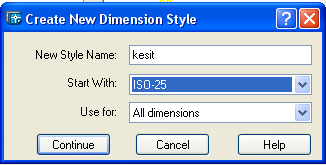 1.16. Ölçülendirme Stil Ölçülendirme stili oluştururken komut satırına (ddim) yazıp entere basılır ve ölçülendirme diyalog kutusu açılır. Yeni (new) komutuna basarak yeni ölçülendirme ismi verilir.