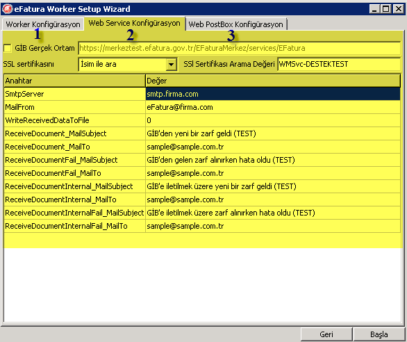 6.2. Web Service Konfigürasyon ekranında web servisi ile ilgili konfigürasyon ayarları yapılarak, Gib web servisine bağlantı tipi, SSL sertifikası ve gelen veya gönderilen zarflar ile ilgili