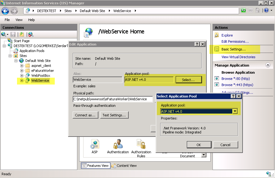 11. ISS Manager'daki Default Web Site altındaki WebService sanal kataloğu üzerinde Application Pool.NET framework version v4.0 olarak belirtilmelidir. 12.