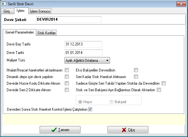 Rapor Modülü/Stok Raporları/Seri Kayıt Listesi bölümünden hazırlanacak bir rapor ile eski yıl şirketinde bu serilerin hangi belgeden aktarıldığına dair detay bilgiler de görülebilir.