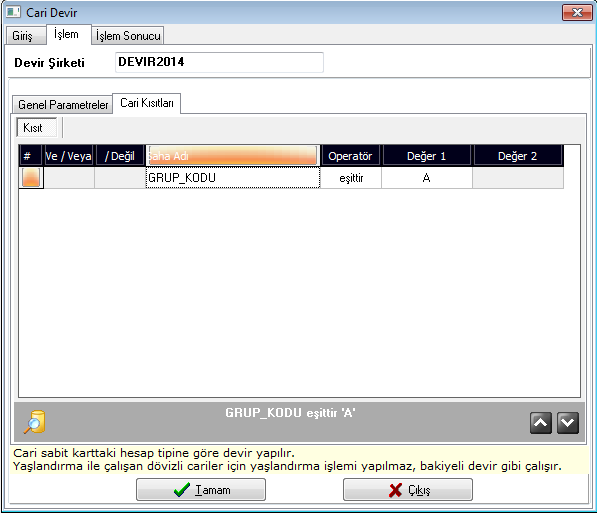Cari Kısıtları Devri yapılmak istenen cari hesaplarla ilgili kısıtlamaların yapılabileceği bölümdür. Ekranda, cari sabit kayıtlarında girilen bilgiler listelenmektedir.