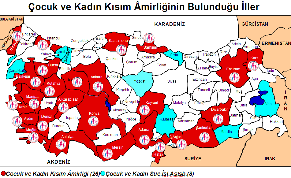 Şekil 8: Çocuk ve Kadın Kısım Amirliklerinin Bulunduğu İller Çocuk ve Kadın Kısım Amirliği Kurulu olmayan 8 İl Jandarma Komutanlığında (Çanakkale, İzmit, Kahramanmaraş, Ordu, Van, Sakarya, Yozgat,