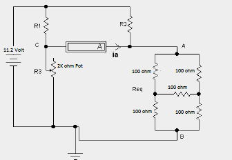 Deney Adımları: 1-1 ve 2 dirençleri 330 ohm, 3=1K ohm luk Potansiyometredir. A-B uçlarındaki eşdeğer direnç eq (bilinmeyen direnç) olmak üzere Şekil-2 deki devreyi boarda kurunuz.