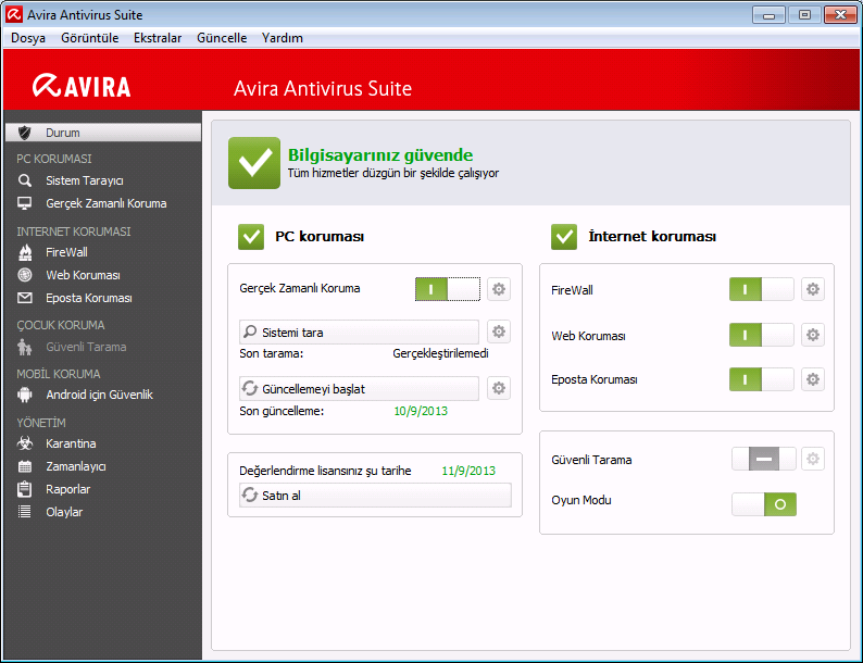 Avira Antivirus Suite ürününe genel bakış Kontrol Merkezi penceresi üç alana ayrılmıştır: Menü çubuğu, Gezinti alanı ve Durum ayrıntı penceresi: Menü çubuğu: Kontrol Merkezi menü çubuğunda, genel