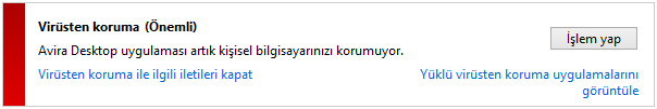 SSS, İpuçları Avira Desktop süresi doldu Avira ürününbüzün lisans süresi sona erdiğinde, Windows Eylem Merkezi'nin bilgileri görüntülenir.