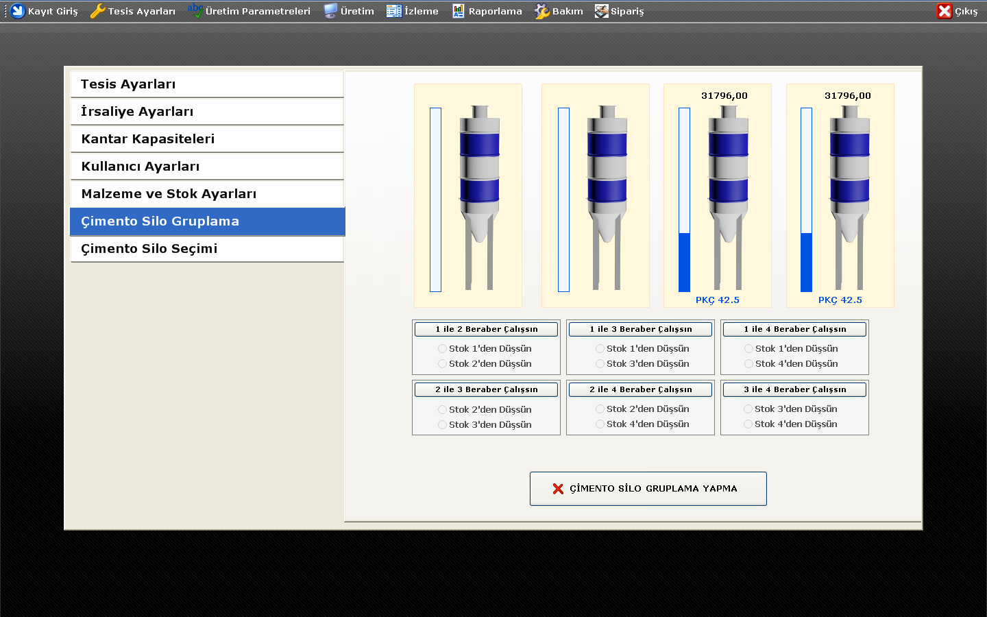 2.6 Çimento Silo Gruplama Bu ekranda çimento silolarındaki mevcut stok miktarları Kg. olarak ve seviye olarak gösterilmektedir.