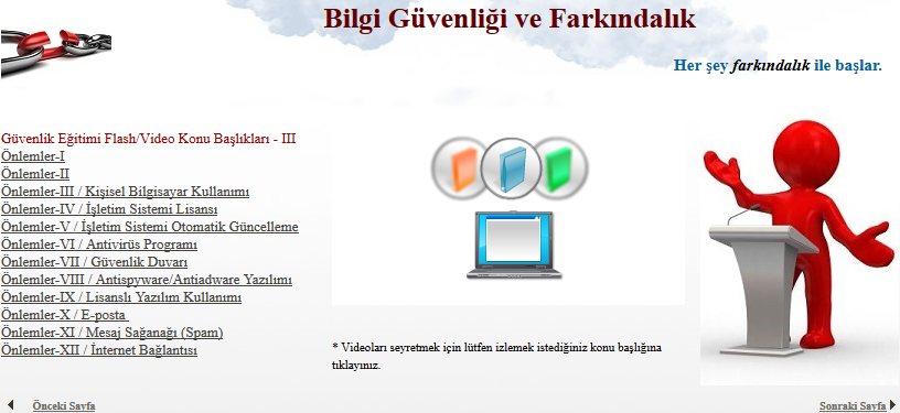 6 Sunu ve yardımcı kaynaklar bölümünde bulunan Güvenlik Eğitimi Bölümleri altındaki bağlantılara tıklandığında Şekil 6 da örnek ekran görüntüsü gösterilene benzer içeriğin olduğu bir sekme