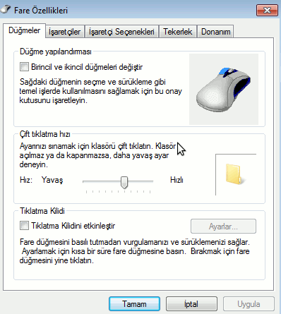 Fare Fare kullanımıyla ilgili düğme yapılandırması, işaretçi hızı gibi ayarların değiştirilmesini sağlar.