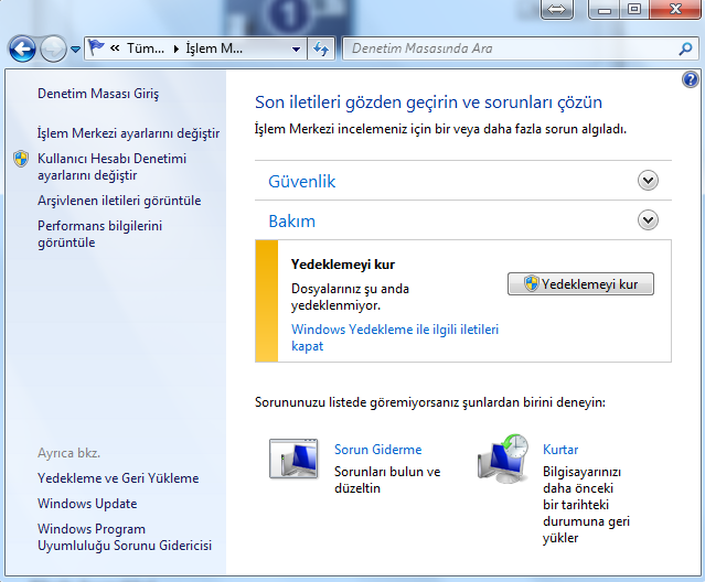 İşlem Merkezi Yedekleme, Windows Update gibi