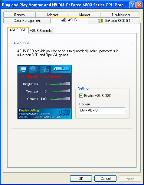 3. ASUS Ekran Görüntüsü (OSD) 3.1 Girifl Tam ekran 3D ve OpenGL oyunlar n oynarken ASUS'un Ekran Görüntüsü özelli i ekran parametrelerinizi dinamik olarak ayarlaman za olanak sa lar. 3.2 ASUS OSD'nin etkinlefltirilmesi ASUS OSD'yi bafllatmak için: 1.