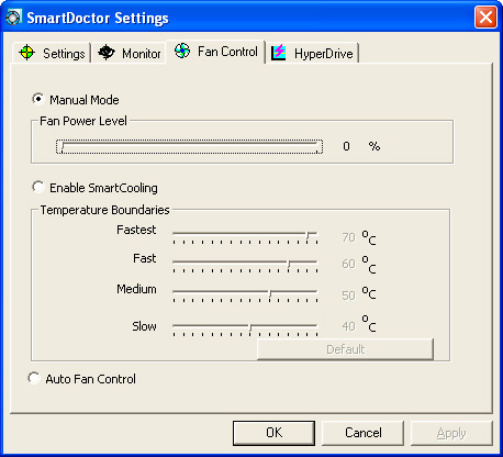 6.5.3 Fan Kontrolü Fan kontrol ayarlar n de ifltirmek için: 1. SmartDoctor Ayarlar iletiflim kutusundan Fan Control (Fan Kontrolü) sekmesine t klay n. 2.