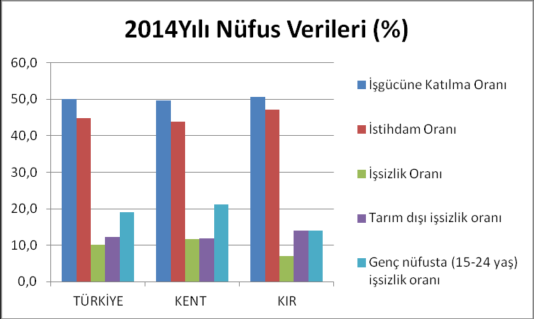 İşsizlik oranı her üçü için azalmıştır. Genç nüfusta işsizlik oranı ise Türkiye geneli ve kent nüfusu için dikkat çeken bir diğer konudur.