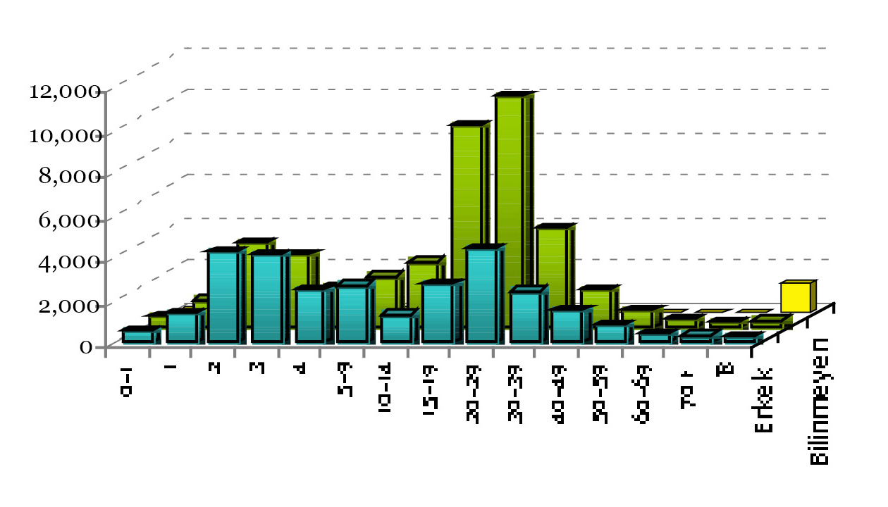 Tablo 7: Vakaların Yaş ve Cinsiyete Göre Dağılımı, 2008 YAŞ ERKEK KADIN BİLİNMEYEN TOPLAM 0-1 549 561 67 1.177 1 1.371 1.298 114 2.783 2 4.273 3.974 230 8.477 3 4.120 3.415 199 7.734 4 2.535 1.