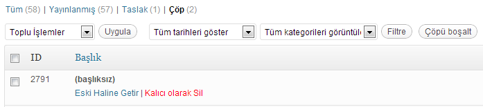 Çöpe taşımış olduğunuz yazıyı tekrar Geri Al diyerek taşıyabilirsiniz; fakat çöptekiler bölümünde yer alan yazıları silerseniz o yazı veritabanından silinir ve geri çağıramazsınız.