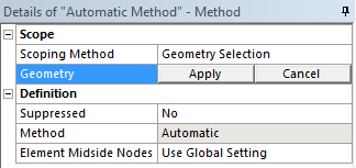 Mesh > İnsert > Method tıklıyoruz. Mesh işlemi için metod belirliyoruz.(şekil 18) Details of Method kısmında, Geometry kısmı sarı zeminli olduğundan aktiftir.