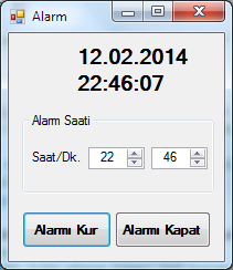 C# Ders Notu S.Ü.Akören A.R.E. Meslek Yüksekokulu 11 11 Seçilen tarih ve saate göre alarm sesi çıkaran uygulama. Aşağıdaki formda gösterilen kontrolleri oluşturunuz.