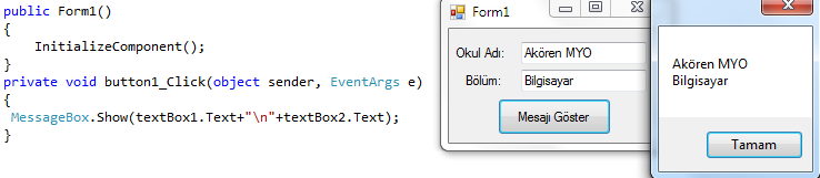 C# Ders Notu S.Ü.Akören A.R.E. Meslek Yüksekokulu 9 9 Mesaj penceresi gösterildiğinde varsayılan olarak birinci düğme seçili olarak gösterilir.