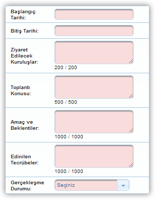 Yurt Dışı Ziyareti Genel Bilgileri Ekranı Yurt Dışı Ziyareti Genel Bilgileri Ekranı'nda aşağıdaki alanlar yer almaktadır; Başlangıç Tarihi alanında, gerçekleşecek / gerçekleşen yurt dışı ziyaretinin