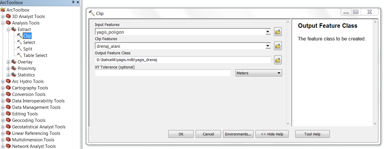 Poligon alanlarının sadece drenaj alanı içinde kalan kısmını hesaplamak gereklidir. ArcToolbox menüsünden; Analyst Tools Extract Clip komutu seçilir.
