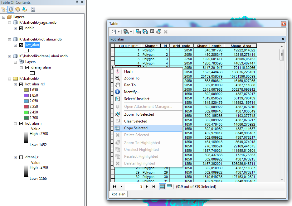 Excel dosyaya değerler yapıştırıldıktan sonra her bir kot aralığına karşı belirlenen alanlar toplanır.