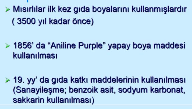 13 WHO teşkilatı 1956 yılında 40 ülkeyi kapsayan ve 114 yapay renk maddesini içeren listeleri yayınlayarak kullanımına izin vermiş ve uygulamaya