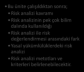 Alpaslan Hamdi KUZUCUOĞLU Bu ünite çalışıldıktan sonra; Risk analizi kavramı Risk analizinin pek çok bilim dalında