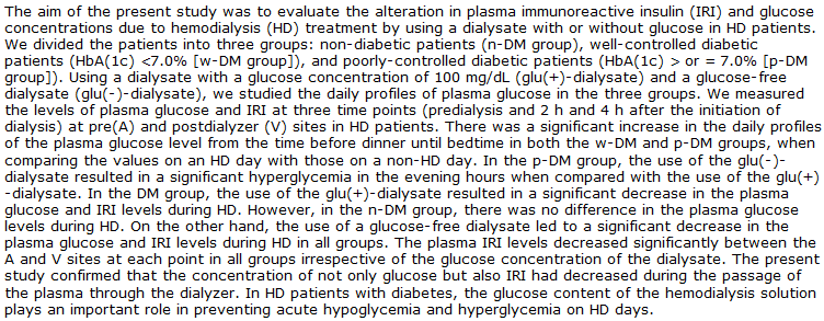 Bu çalışmada, diabetli hemodiyaliz hastalarında, glukozlu diyalizat (100 mg/dl) kullanımının