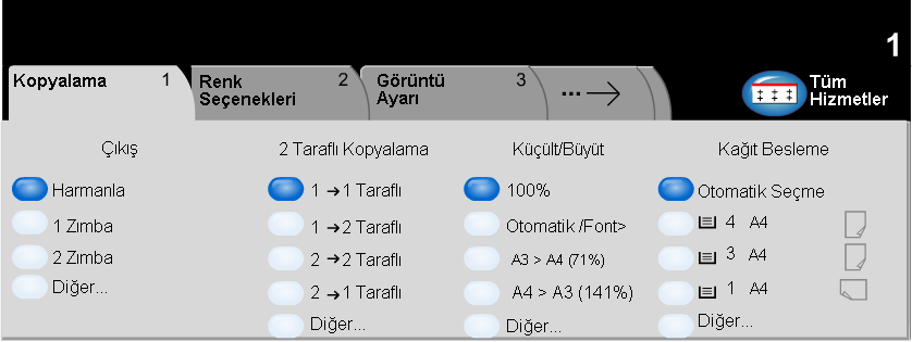 Temel Kopyalama... Kopyalama Kopyalama sekmesi Özellikler Yolu için varsayõlan ekrandõr. Bir fotokopi işi için standart özellikleri seçmek üzere Kopyalama sekmesini kullanõn.