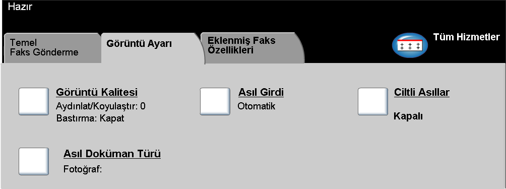 Görüntü Ayarõ Görüntü Ayarõ sekmesi, faks işinize uygulanabilecek diğer özellikleri sağlar. Faks Özellikleri seçmek için en üst seviyedeki düğmelerden birine dokunun.