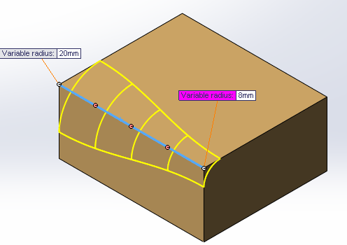 Ġtems to fillet: Yuvarlatılacak ögeler Multiple radius fillet: Çoklu yarıçap yuvarlatma, her kenara farklı ölçüde yuvarlatma uygular. Tangent propagation: Yuvarlatmayı teğet kenarlara da uygular.