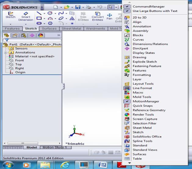 5: New SolidWorks Document penceresi Buradan Part (parça) kısmına çift tıklanarak ya da Part seçilip OK tuģuna basılarak çalıģma sayfası arayüzü ekrana getirilir.