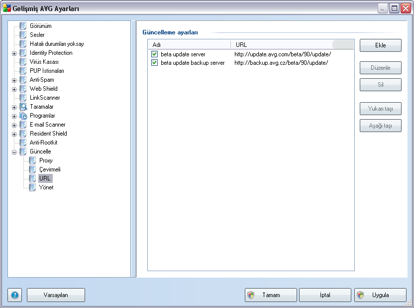 9.15.3. URL URL penceresinde güncelleme dosyalarının indirilebileceği bir dizi İnternet adresi bulunur.