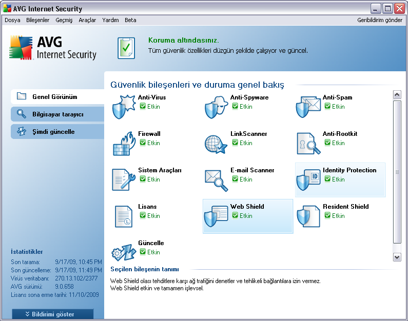 7. AVG Kullanıcı Arayüzü AVG 9 Internet Security ana menü penceresini açın: Ana pencere çok sayıda bölüme ayrılır: Sistem Menüsü (penceredeki en üst sistem çubuğu)tüm AVG bileşenlerine, servislerine