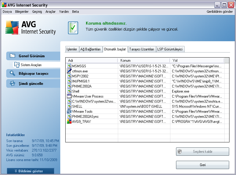 8.5.3. Otomatik başlat Otomatik başlat iletişim penceresinde, Windows sistemi başlatılırken yürütülen tüm uygulamaların listesini gösterir.