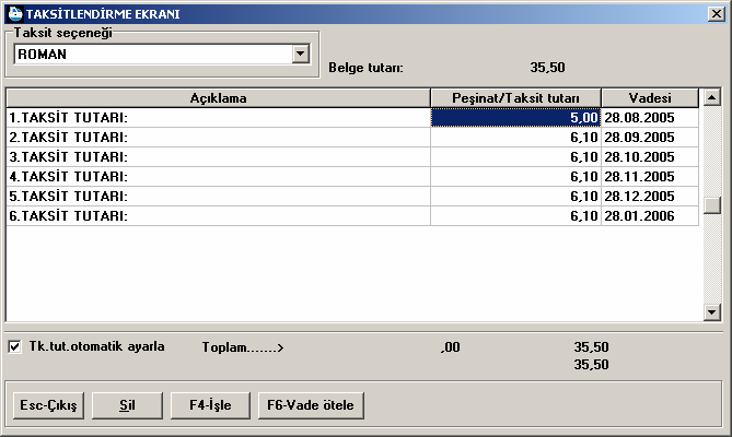 Şekil 1.65 Buradan taksit adetleri ve varsa peşinat görülür. Peşinat alınmayacaksa ilk satır (peşinat satırı) silinir veya alınacak tutar üzerinde rakamsal oynama yapılabilir.