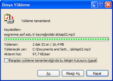 Farklı Kaydet iletişim kutusunda, üniteyi bilgisayarınızda kaydetmek istediğiniz yeri seçiniz. Yükleme işleminin tamamlandığını bildiren yandaki iletişim kutusu açılana kadar bekleyiniz.